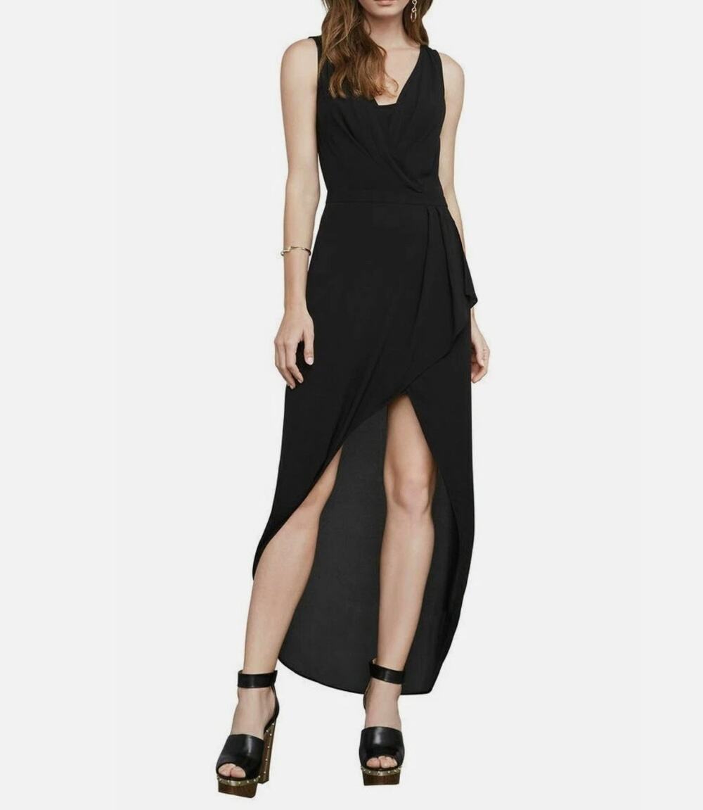 BCBGMaxAzria Womens 0 Black Tobyn Asymmetrical Draped Open Front Maxi Dress